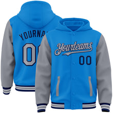 Load image into Gallery viewer, Custom Powder Blue Gray-Navy Bomber Full-Snap Varsity Letterman Two Tone Hoodie Jacket