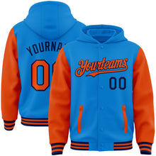 Load image into Gallery viewer, Custom Powder Blue Orange-Navy Bomber Full-Snap Varsity Letterman Two Tone Hoodie Jacket
