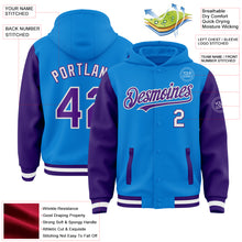 Load image into Gallery viewer, Custom Powder Blue Purple-White Bomber Full-Snap Varsity Letterman Two Tone Hoodie Jacket