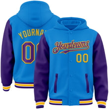 Load image into Gallery viewer, Custom Powder Blue Purple-Gold Bomber Full-Snap Varsity Letterman Two Tone Hoodie Jacket