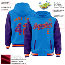 Load image into Gallery viewer, Custom Powder Blue Purple-Orange Bomber Full-Snap Varsity Letterman Two Tone Hoodie Jacket