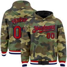 Load image into Gallery viewer, Custom Camo Red-Navy Bomber Full-Snap Varsity Letterman Salute To Service Hoodie Jacket