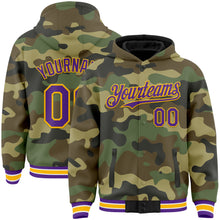 Load image into Gallery viewer, Custom Camo Purple-Gold Bomber Full-Snap Varsity Letterman Salute To Service Hoodie Jacket