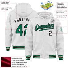 Load image into Gallery viewer, Custom White Kelly Green Black-Cream Bomber Full-Snap Varsity Letterman Hoodie Jacket