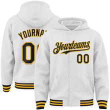 Load image into Gallery viewer, Custom White Black-Gold Bomber Full-Snap Varsity Letterman Hoodie Jacket