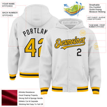 Load image into Gallery viewer, Custom White Gold-Black Bomber Full-Snap Varsity Letterman Hoodie Jacket