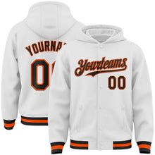 Load image into Gallery viewer, Custom White Black-Orange Bomber Full-Snap Varsity Letterman Hoodie Jacket