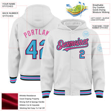 Load image into Gallery viewer, Custom White Sky Blue Black-Pink Bomber Full-Snap Varsity Letterman Hoodie Jacket