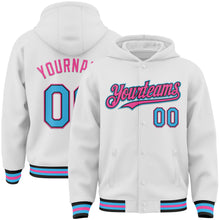 Load image into Gallery viewer, Custom White Sky Blue Black-Pink Bomber Full-Snap Varsity Letterman Hoodie Jacket