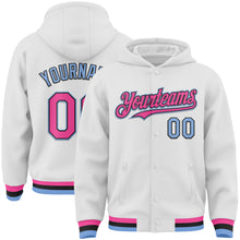 Load image into Gallery viewer, Custom White Pink Light Blue-Black Bomber Full-Snap Varsity Letterman Hoodie Jacket