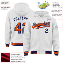 Load image into Gallery viewer, Custom White Orange-Navy Bomber Full-Snap Varsity Letterman Hoodie Jacket