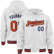Load image into Gallery viewer, Custom White Orange-Navy Bomber Full-Snap Varsity Letterman Hoodie Jacket
