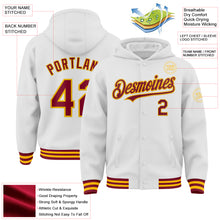 Load image into Gallery viewer, Custom White Crimson-Gold Bomber Full-Snap Varsity Letterman Hoodie Jacket