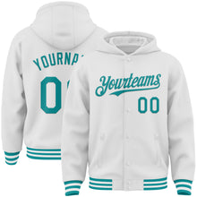 Load image into Gallery viewer, Custom White Teal Bomber Full-Snap Varsity Letterman Hoodie Jacket
