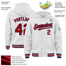 Load image into Gallery viewer, Custom White Red-Navy Bomber Full-Snap Varsity Letterman Hoodie Jacket