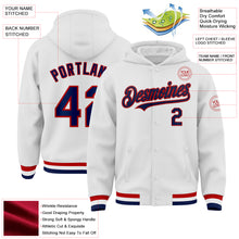 Load image into Gallery viewer, Custom White Navy-Red Bomber Full-Snap Varsity Letterman Hoodie Jacket
