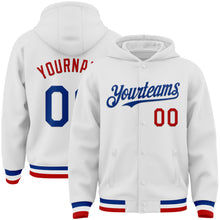 Load image into Gallery viewer, Custom White Royal-Red Bomber Full-Snap Varsity Letterman Hoodie Jacket