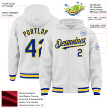 Load image into Gallery viewer, Custom White Royal-Yellow Bomber Full-Snap Varsity Letterman Hoodie Jacket