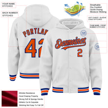 Load image into Gallery viewer, Custom White Orange-Royal Bomber Full-Snap Varsity Letterman Hoodie Jacket