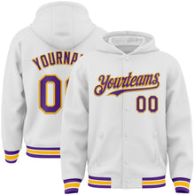 Load image into Gallery viewer, Custom White Purple-Gold Bomber Full-Snap Varsity Letterman Hoodie Jacket