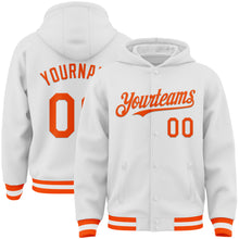 Load image into Gallery viewer, Custom White Orange Bomber Full-Snap Varsity Letterman Hoodie Jacket