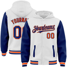 Load image into Gallery viewer, Custom White Royal-Orange Bomber Full-Snap Varsity Letterman Two Tone Hoodie Jacket