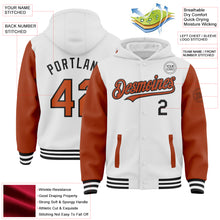 Load image into Gallery viewer, Custom White Texas Orange-Black Bomber Full-Snap Varsity Letterman Two Tone Hoodie Jacket