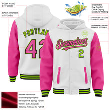 Load image into Gallery viewer, Custom White Pink Black-Neon Green Bomber Full-Snap Varsity Letterman Two Tone Hoodie Jacket