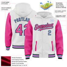 Load image into Gallery viewer, Custom White Pink Black-Light Blue Bomber Full-Snap Varsity Letterman Two Tone Hoodie Jacket