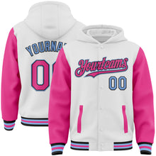 Load image into Gallery viewer, Custom White Pink Black-Light Blue Bomber Full-Snap Varsity Letterman Two Tone Hoodie Jacket