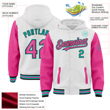 Load image into Gallery viewer, Custom White Pink Black-Aqua Bomber Full-Snap Varsity Letterman Two Tone Hoodie Jacket