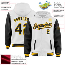 Load image into Gallery viewer, Custom White Black-Gold Bomber Full-Snap Varsity Letterman Two Tone Hoodie Jacket