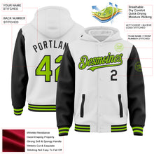 Load image into Gallery viewer, Custom White Neon Green-Black Bomber Full-Snap Varsity Letterman Two Tone Hoodie Jacket