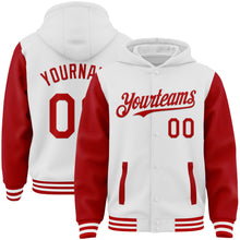 Load image into Gallery viewer, Custom White Red Bomber Full-Snap Varsity Letterman Two Tone Hoodie Jacket