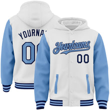 Load image into Gallery viewer, Custom White Light Blue-Navy Bomber Full-Snap Varsity Letterman Two Tone Hoodie Jacket