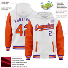 Load image into Gallery viewer, Custom White Orange-Purple Bomber Full-Snap Varsity Letterman Two Tone Hoodie Jacket