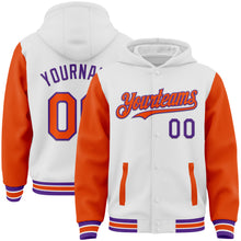 Load image into Gallery viewer, Custom White Orange-Purple Bomber Full-Snap Varsity Letterman Two Tone Hoodie Jacket