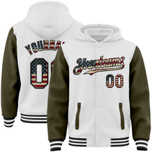 Load image into Gallery viewer, Custom White Vintage USA Flag Olive-Black Bomber Full-Snap Varsity Letterman Two Tone Hoodie Jacket