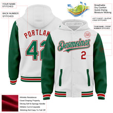 Load image into Gallery viewer, Custom White Kelly Green-Red Bomber Full-Snap Varsity Letterman Two Tone Hoodie Jacket