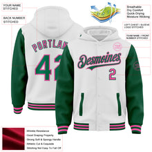 Load image into Gallery viewer, Custom White Kelly Green-Pink Bomber Full-Snap Varsity Letterman Two Tone Hoodie Jacket