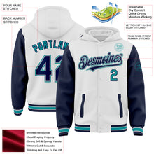 Load image into Gallery viewer, Custom White Navy Gray-Teal Bomber Full-Snap Varsity Letterman Two Tone Hoodie Jacket