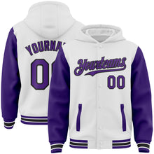 Load image into Gallery viewer, Custom White Purple-Black Bomber Full-Snap Varsity Letterman Two Tone Hoodie Jacket