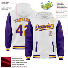 Load image into Gallery viewer, Custom White Purple-Gold Bomber Full-Snap Varsity Letterman Two Tone Hoodie Jacket