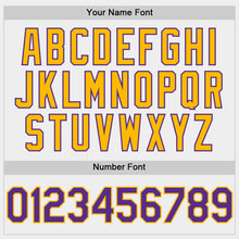 Load image into Gallery viewer, Custom White Purple-Gold Bomber Full-Snap Varsity Letterman Two Tone Hoodie Jacket