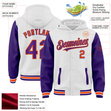 Load image into Gallery viewer, Custom White Purple-Orange Bomber Full-Snap Varsity Letterman Two Tone Hoodie Jacket