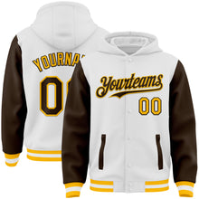 Load image into Gallery viewer, Custom White Brown-Gold Bomber Full-Snap Varsity Letterman Two Tone Hoodie Jacket