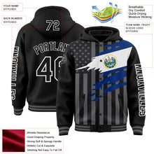 Load image into Gallery viewer, Custom Black Gray-White El Salvador El Salvadoran Flag 3D Bomber Full-Snap Varsity Letterman Hoodie Jacket