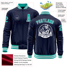 Load image into Gallery viewer, Custom Navy Aqua-White Bomber Varsity Letterman Zipper Jacket