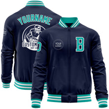 Load image into Gallery viewer, Custom Navy Aqua-White Bomber Varsity Letterman Zipper Jacket