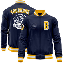 Load image into Gallery viewer, Custom Navy White-Gold Bomber Varsity Letterman Zipper Jacket